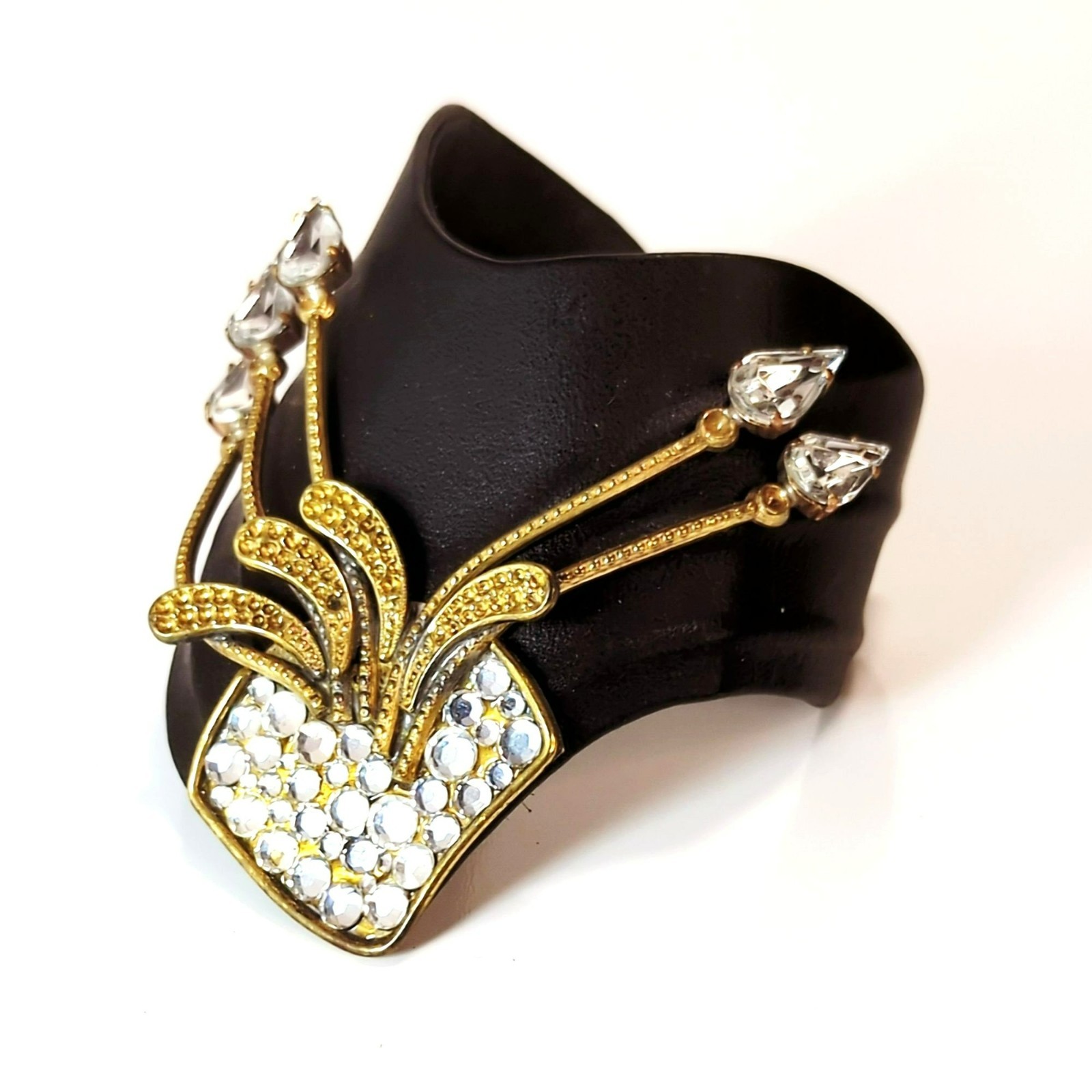 Vintage Luigi Briglia Black Leather & Rhinestone Cuff Bracelet Italian Designer