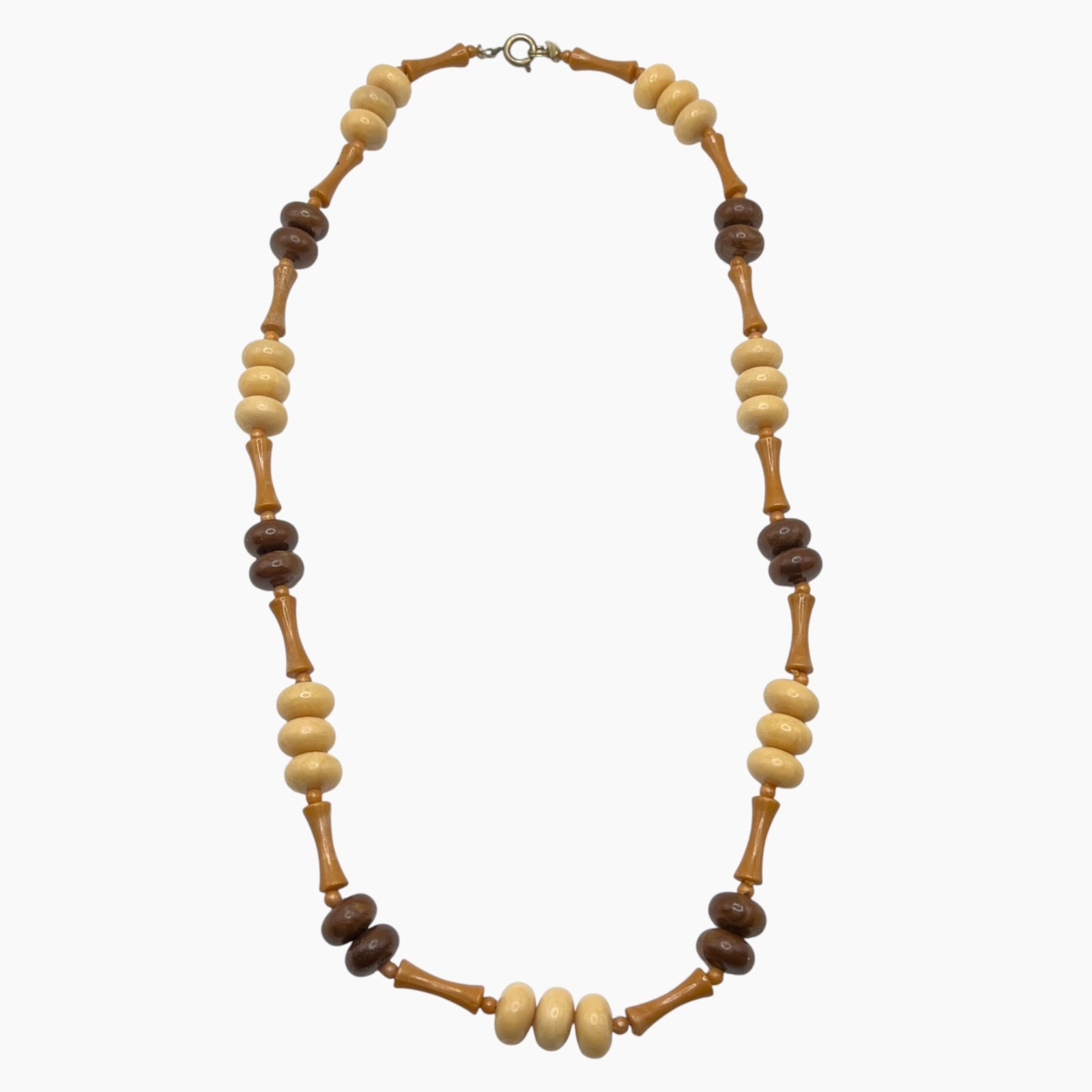 VTG Necklace Plastic Beads Brown Beige Earth Tones Hippie Tiki 19″ Lightweight