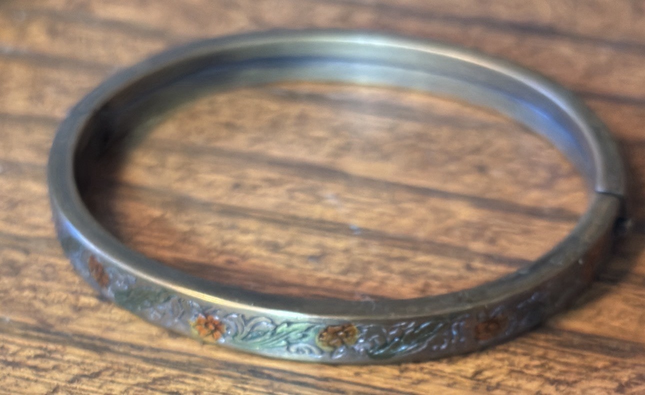 Antique Vintage Circa 1920-1930’s Portrait Tin and Floral Hinged Bangle Bracelet