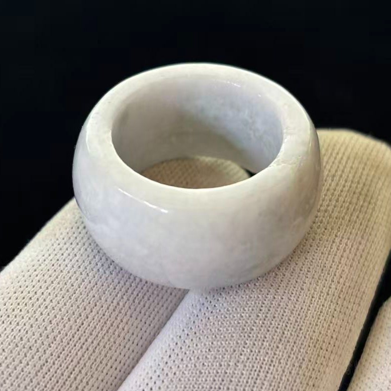 ATTENTION LITTLE DAMAGE, Natural White Jade Wide-Band Ring Width 12 mm, Size 8