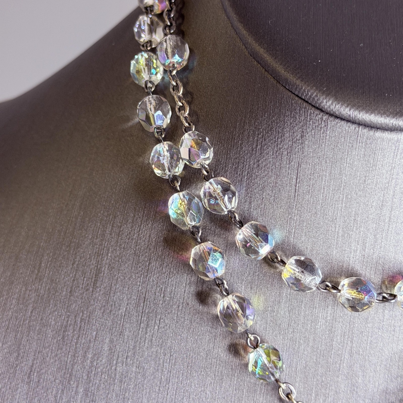 Vintage Clear Crystal Beaded Rosary Necklace Y Drop Cross Roma Italy 21in