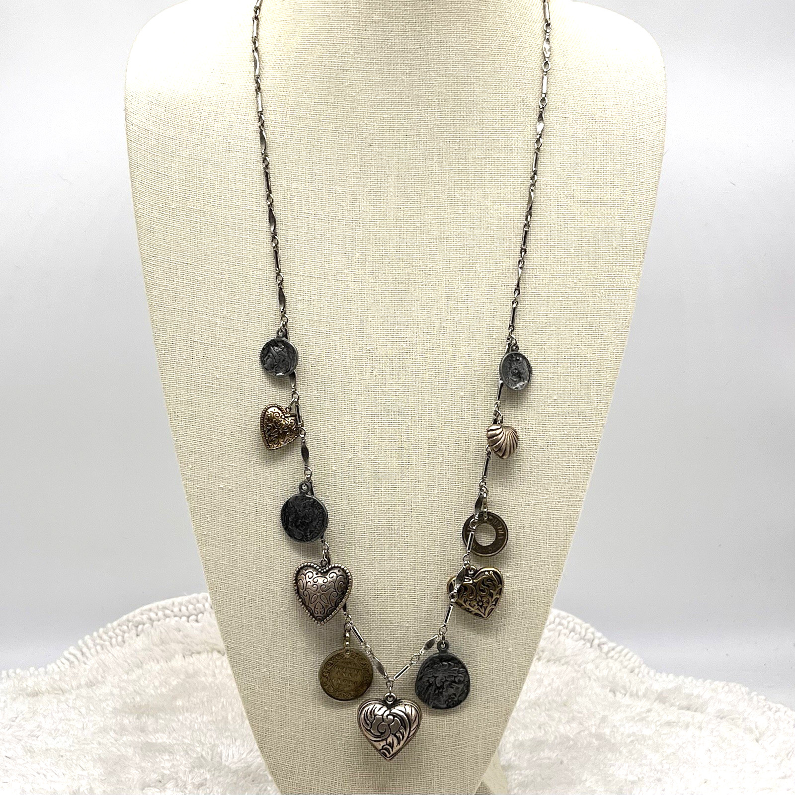 Vintage Puffy Heart Charm Necklace Silver Tone Bronze Tone 32″