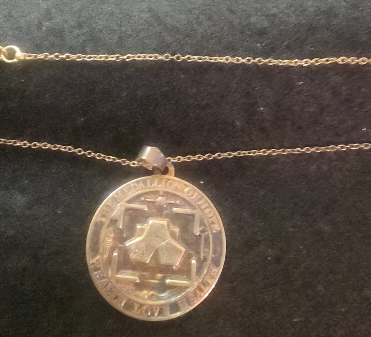 Vintage The Medallion of Hope Wealth Love Health Sterling Gold Wash Necklace