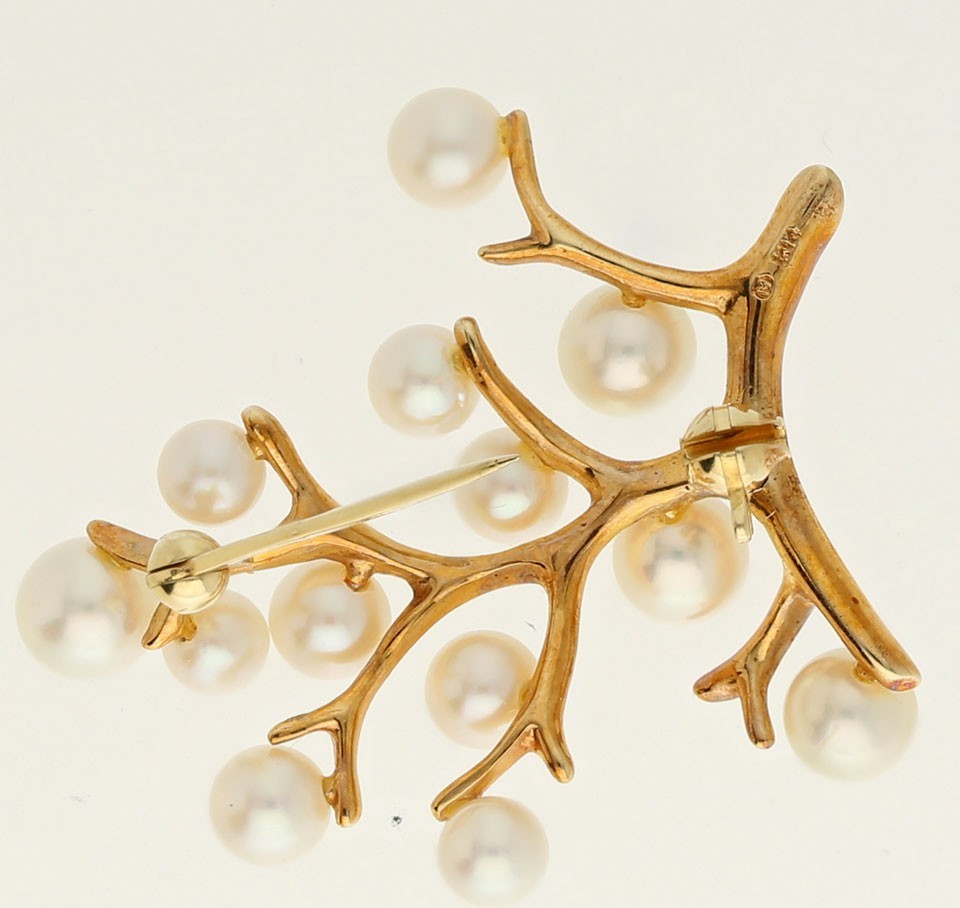 Vintage Estate Mikimoto Pearl Tree Of Life Pin Brooch 14K YG 1 ⅜” Long + Box