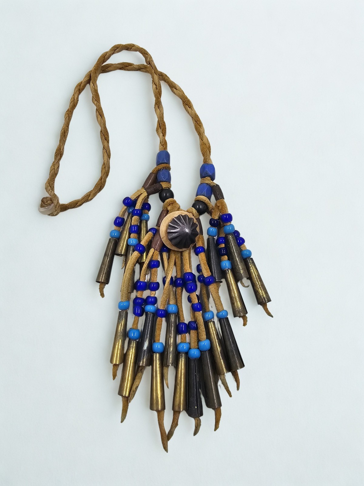Vintage Leather Cord Necklace Brass Metal Cone Fringe Tassel Blue Beads