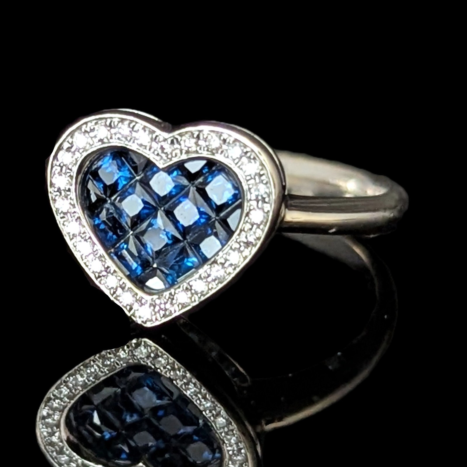 Estate Invisible Set Sapphires Diamonds 14k White Gold Heart Ring William Lam Co