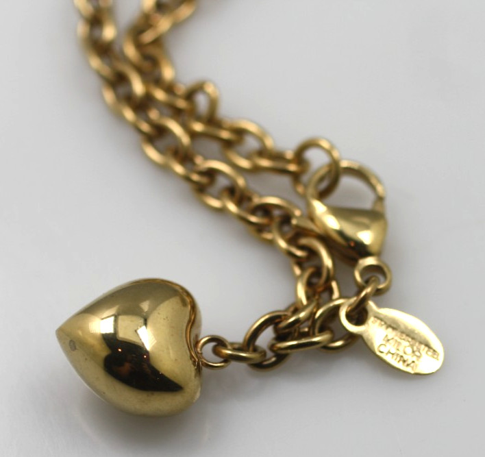 Milor Stainless Steel gold tone charm link puff heart charm bracelet 9″