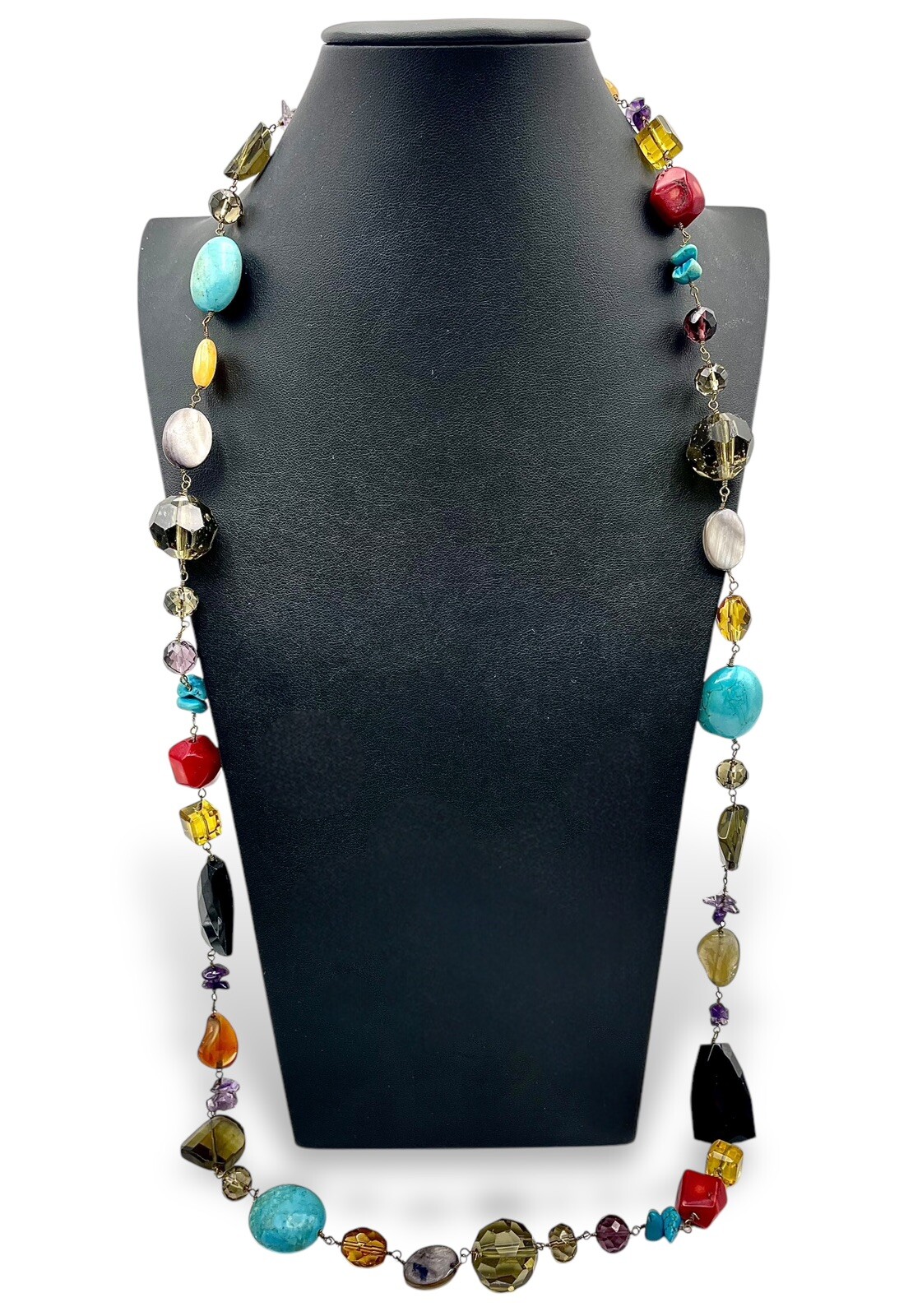 Vintage BOHO STATEMENT Necklace Multi Gemstones MOP Turquoise Etc 41” Fabulous!