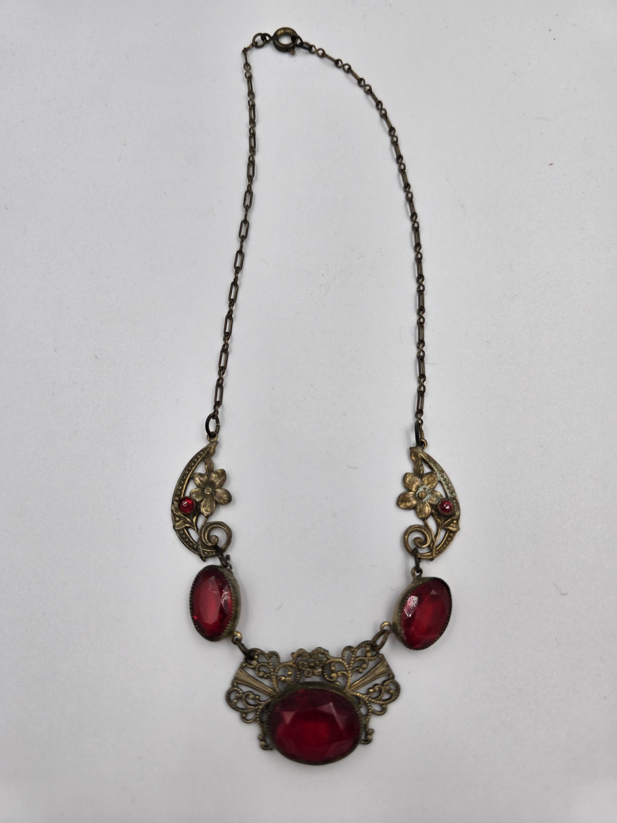 Antique Brass Filigree Necklace Red Glass Stones Art Deco Nouveau Style