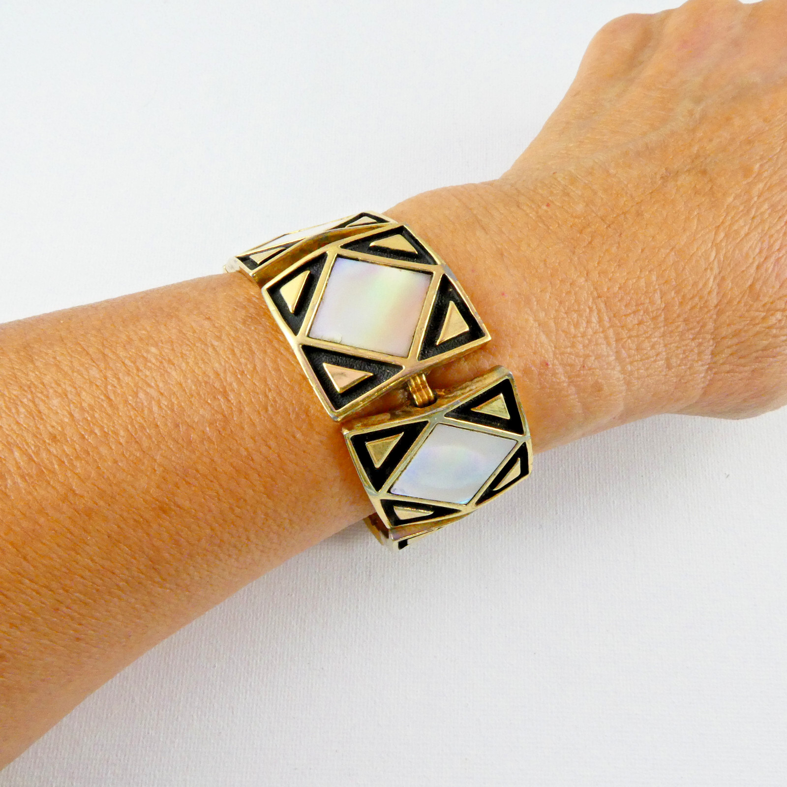Vintage MOP Square Links Articulated Bracelet w/ Safety Chain Mother of Pearl