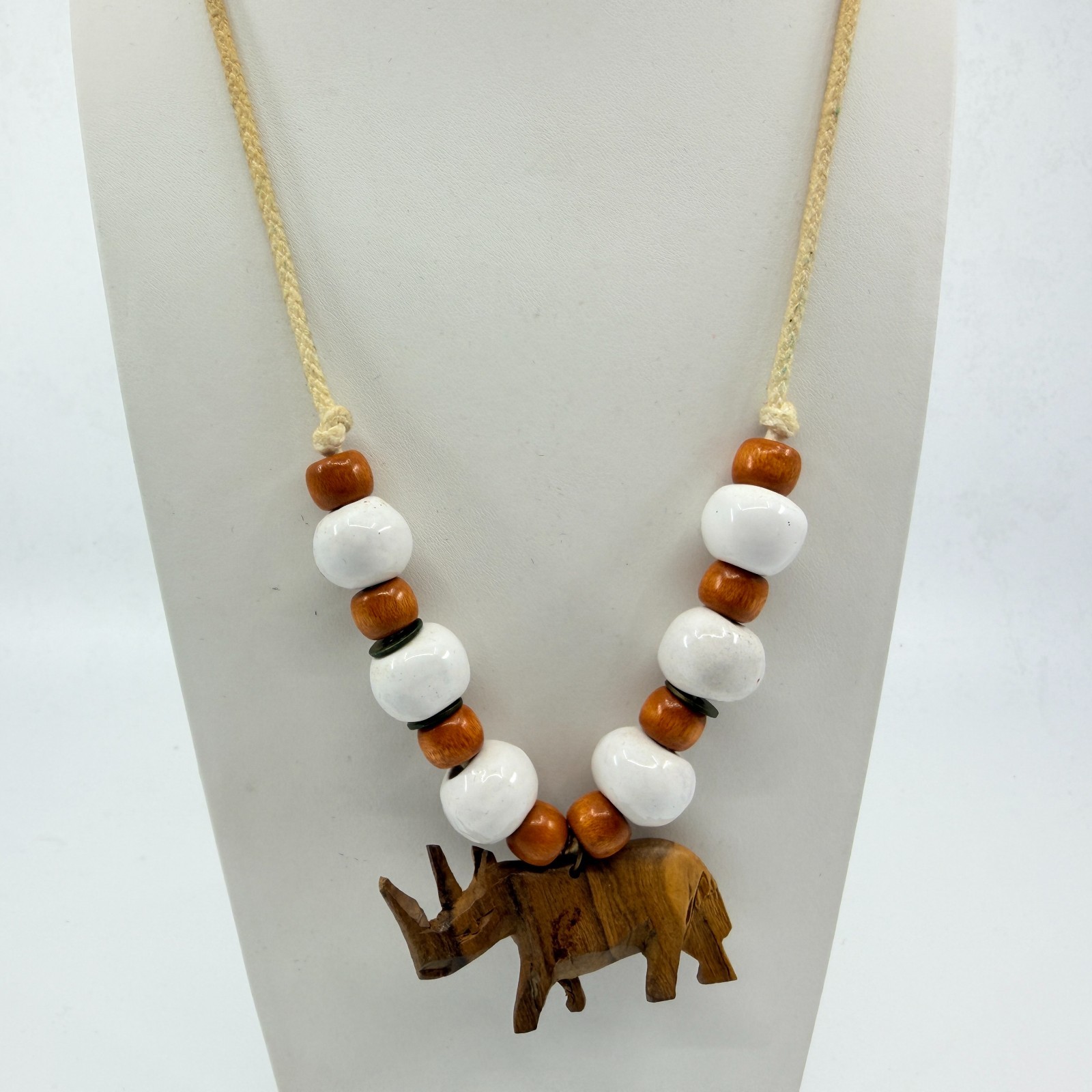 Vintage Carved Wood Rhinoceros Pendant Necklace Boho Ceramic Bead Cord 80s