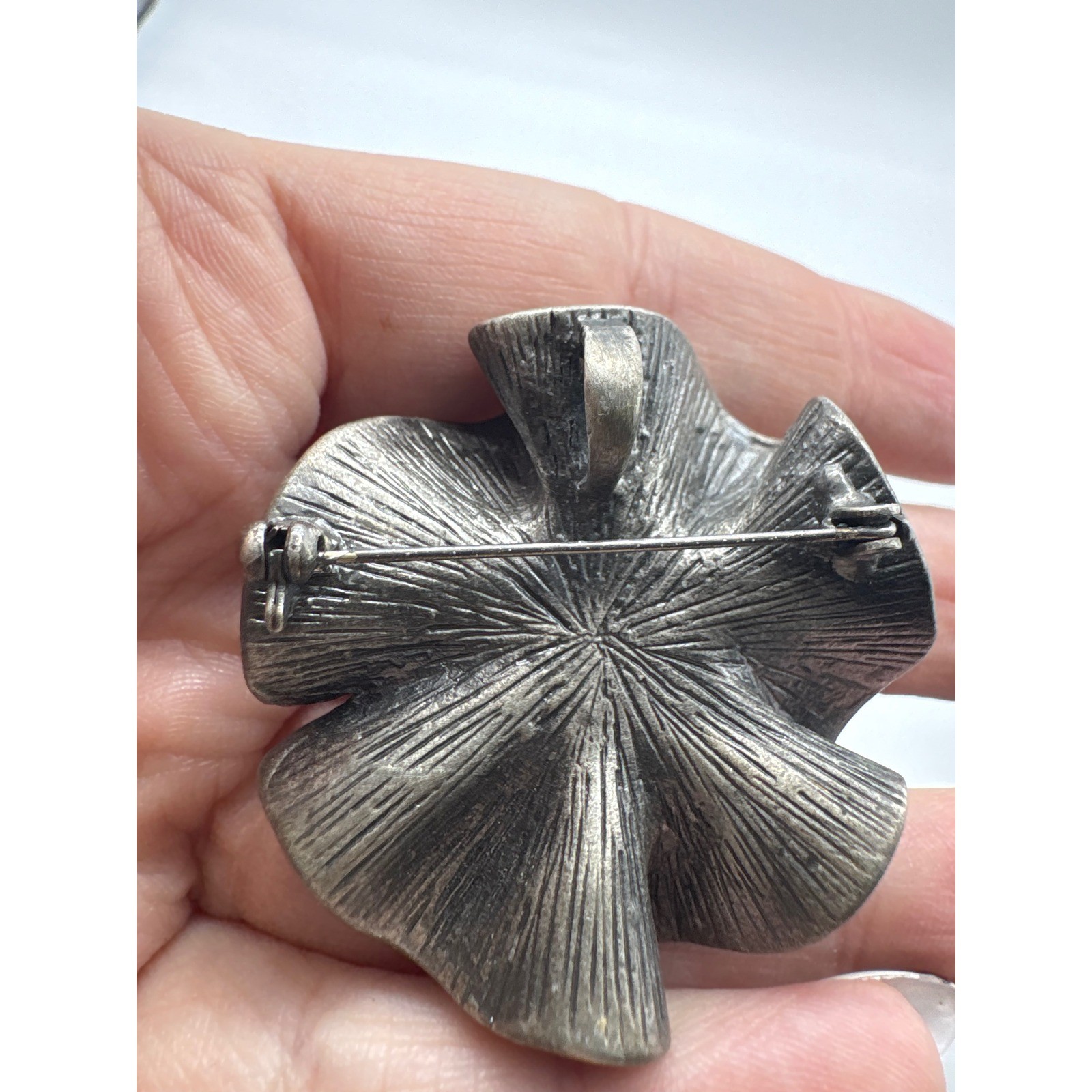 Vintage Pewter Flower Blossom Convertible Brooch Pendant Rhinestone 3D Silver