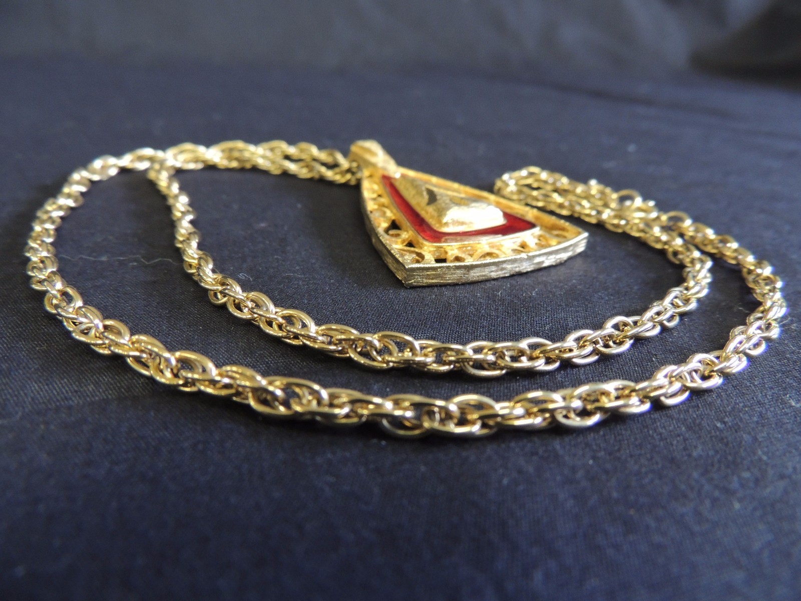 Vintage Goldtone Revere Chain Triangle Pendant Statement Necklace Red Enamel Fun