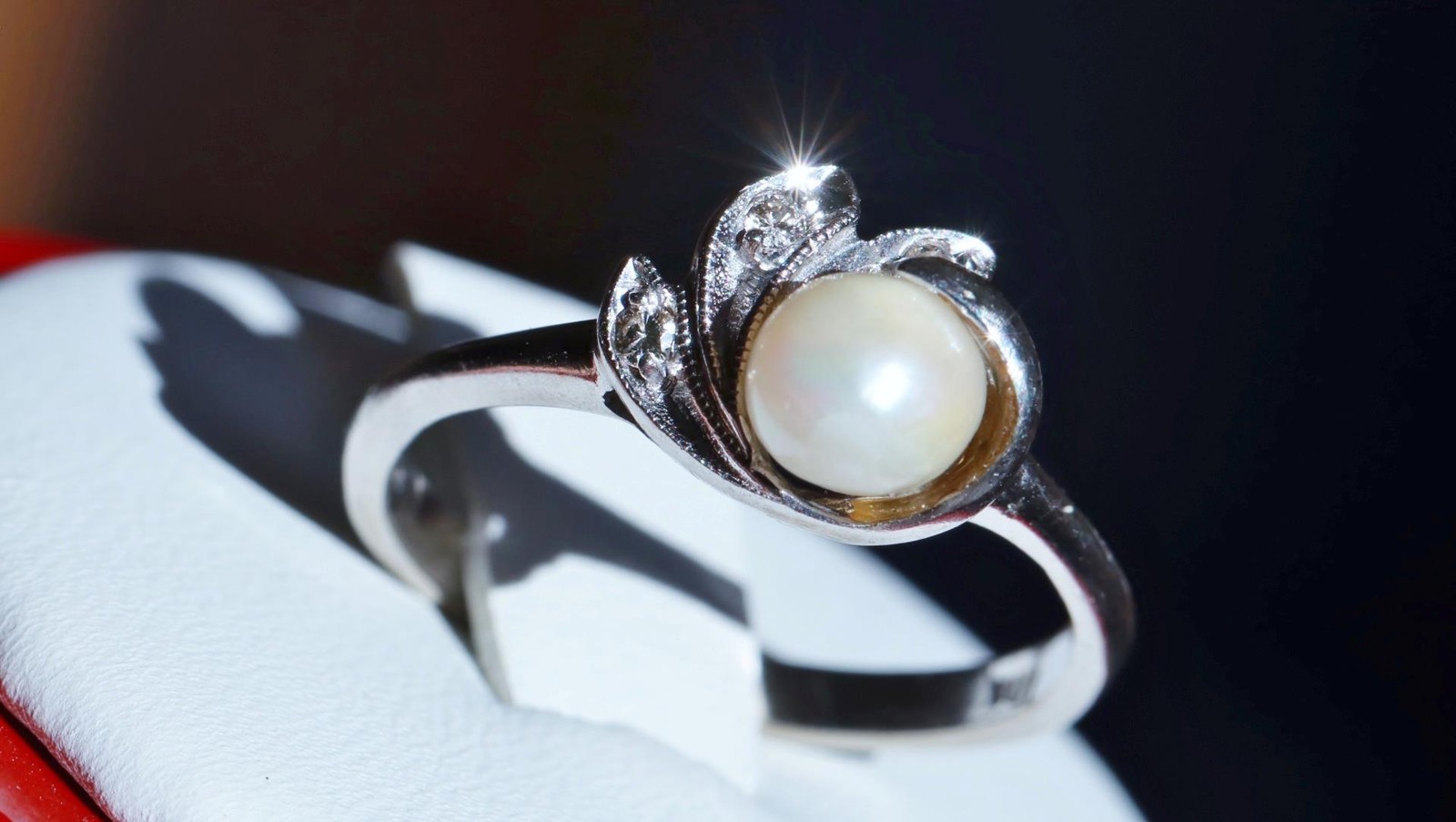 10k white gold size 6.75 ring 5.3mm cultured pearl natural diamond antique 2.28g
