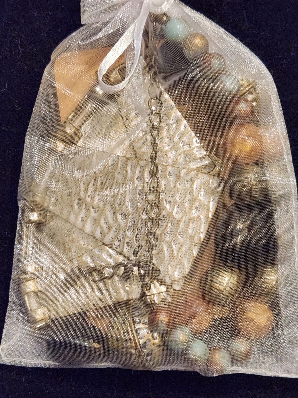 Vintage VCLM Branded Bib Beaded Metal Necklace Silvertone Gold Blue Peach Brown