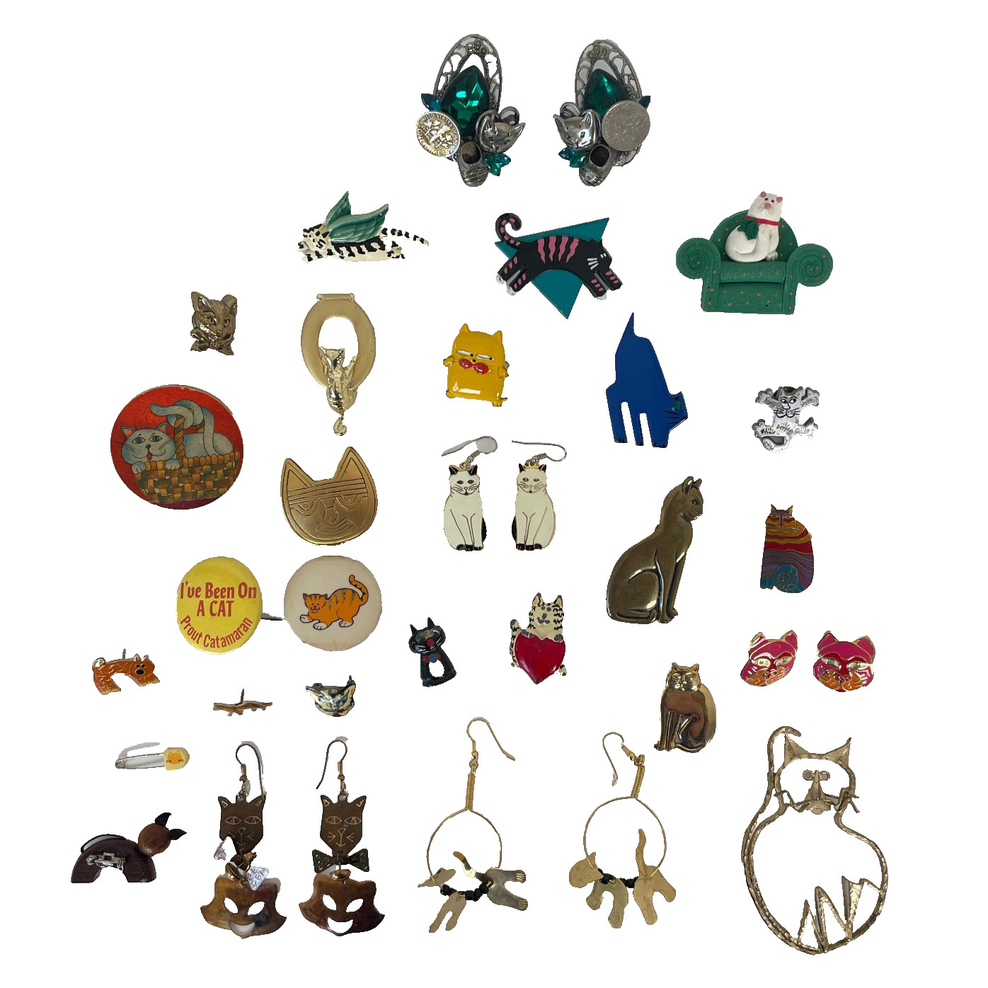 Vtg WHIMSICAL CAT Brooch Lot 50s 70s 80s Jewelry Artisan Burch Pinback Earrings