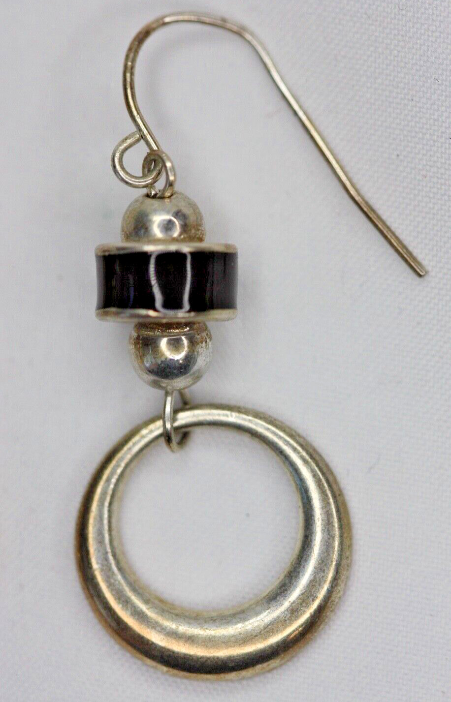 Silver Tone Black Enamel Dangle Drop Hoop Earrings