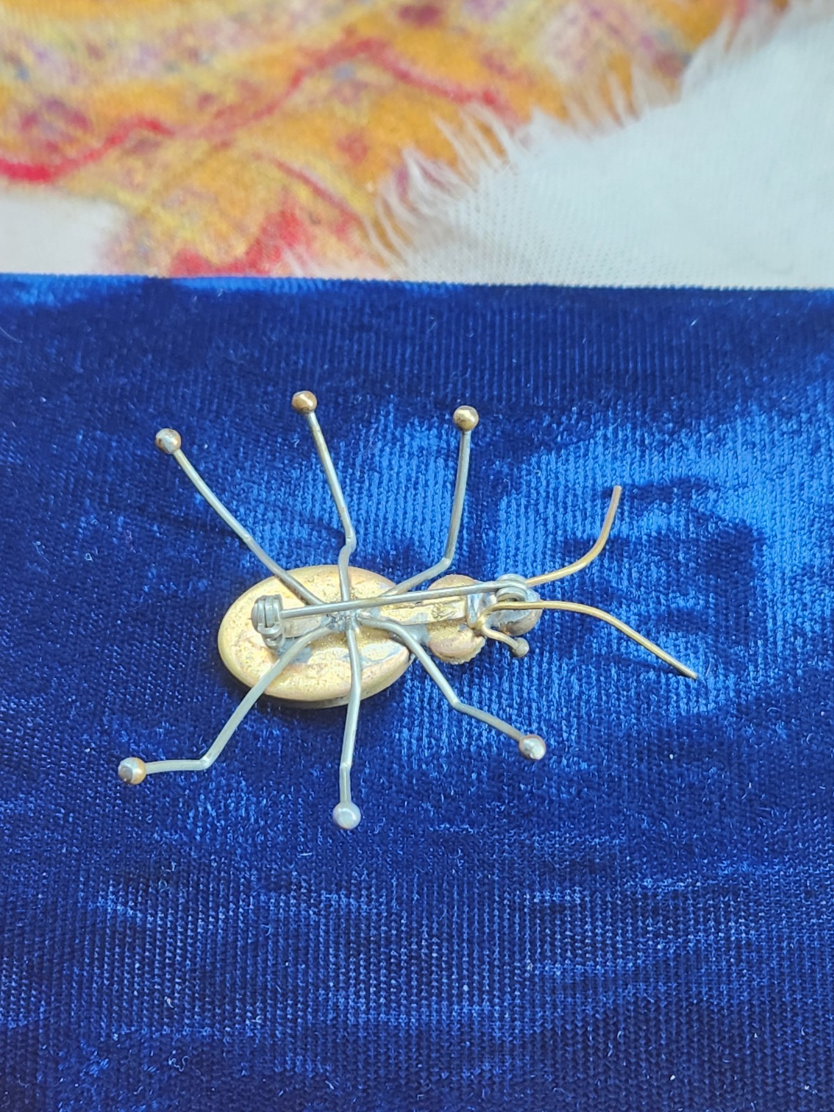 Wonderful Antique Bug Pin With Blue Glass Body And Tiny Purple and Red Head/Eyes