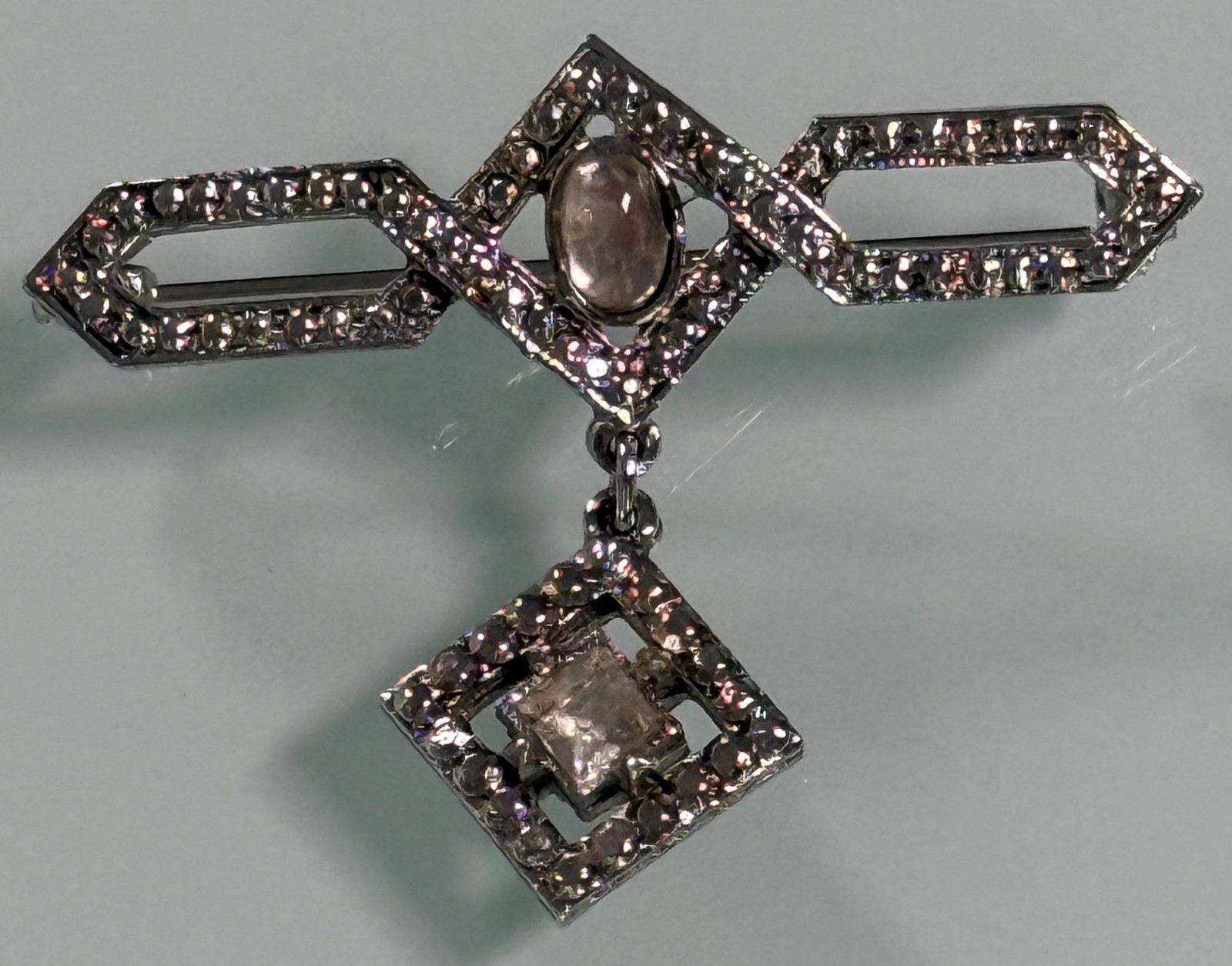 VTG Art Deco Revival Brooch Dangling Gemstones & Marcasite Focal Point