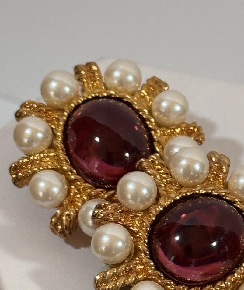 Vintage NOS Ciner Ruby, Emerald & Blue Gripoix Glass Cabochon & Pearl Earrings!