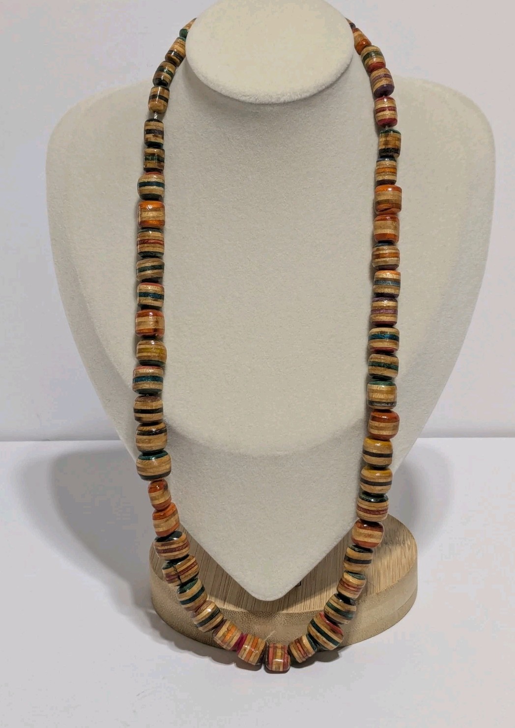 Vintage Multicolor Wood Bead Handmade Necklace. Silver Tone End Caps. 21″ BOHO
