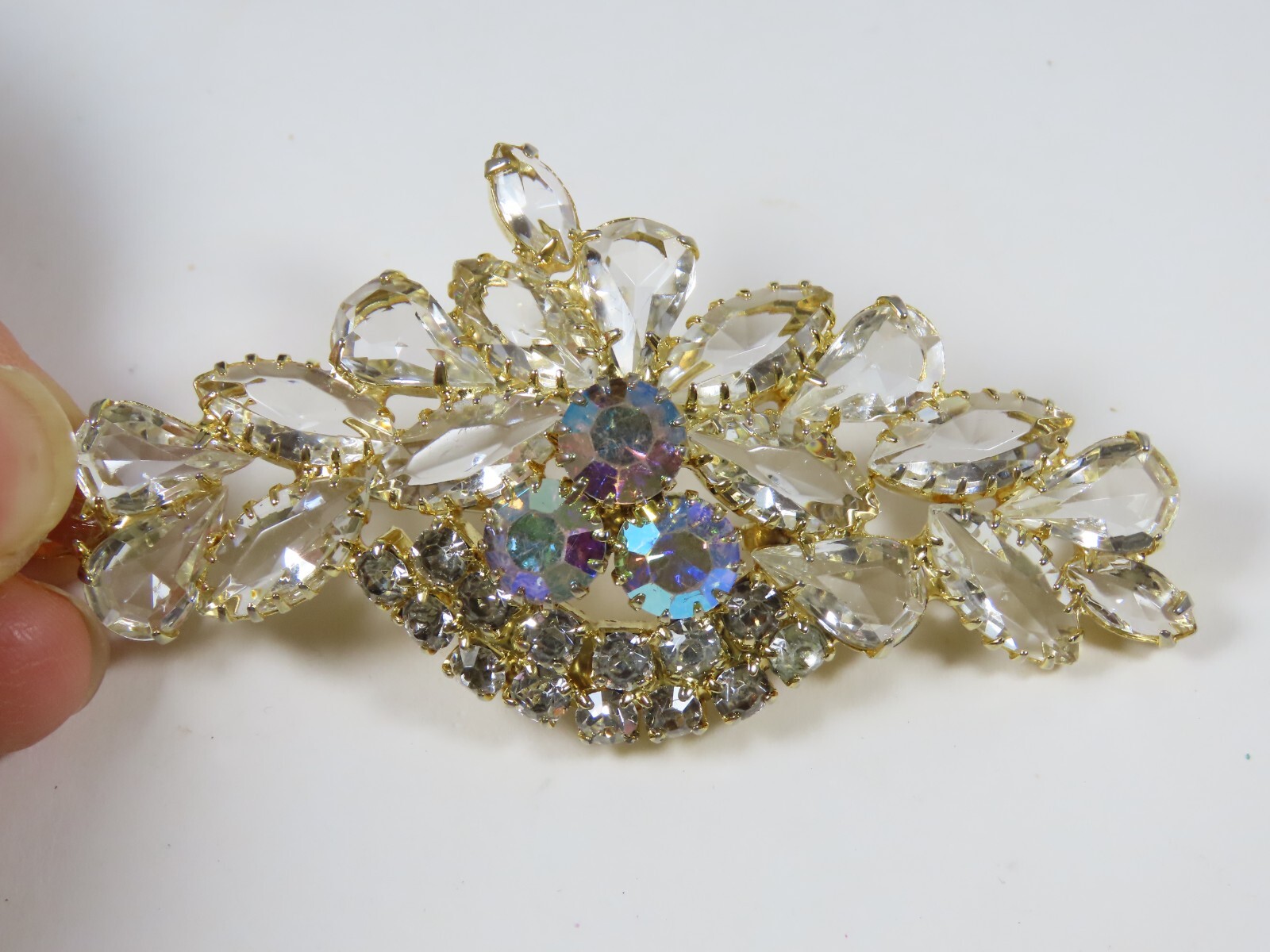 AB Rhinestone Brooch Pin VTG Clear Crystal Cluster Spray Prong Stunning D1580