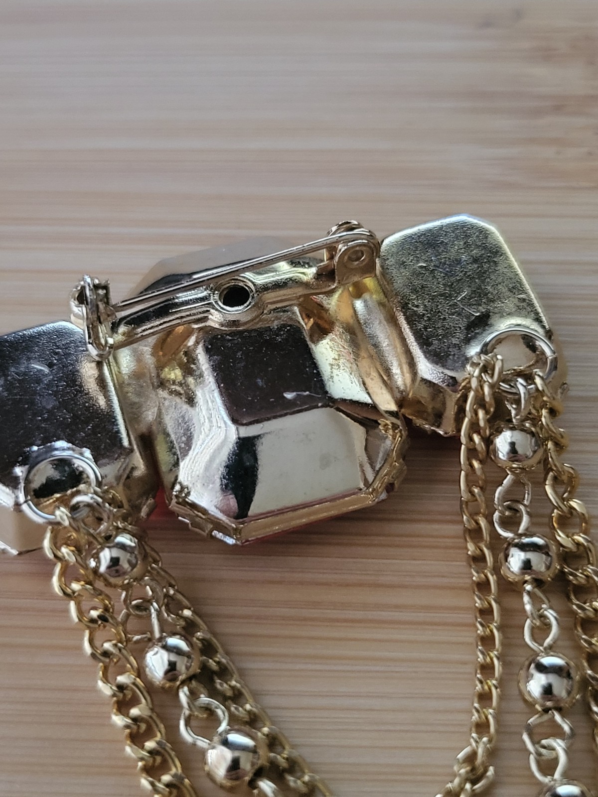 Vtg Faux Red Faceted Rectangle Gem Brooch Gold Tone Chatelaine Regal Statement