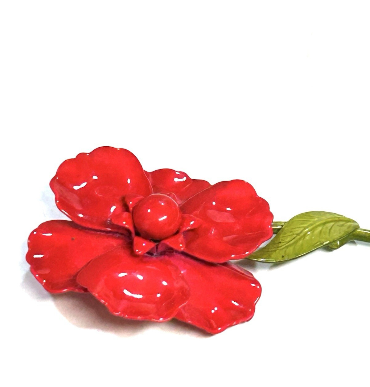 VINTAGE RED ENAMEL POPPY FLOWER METAL PIN 3″