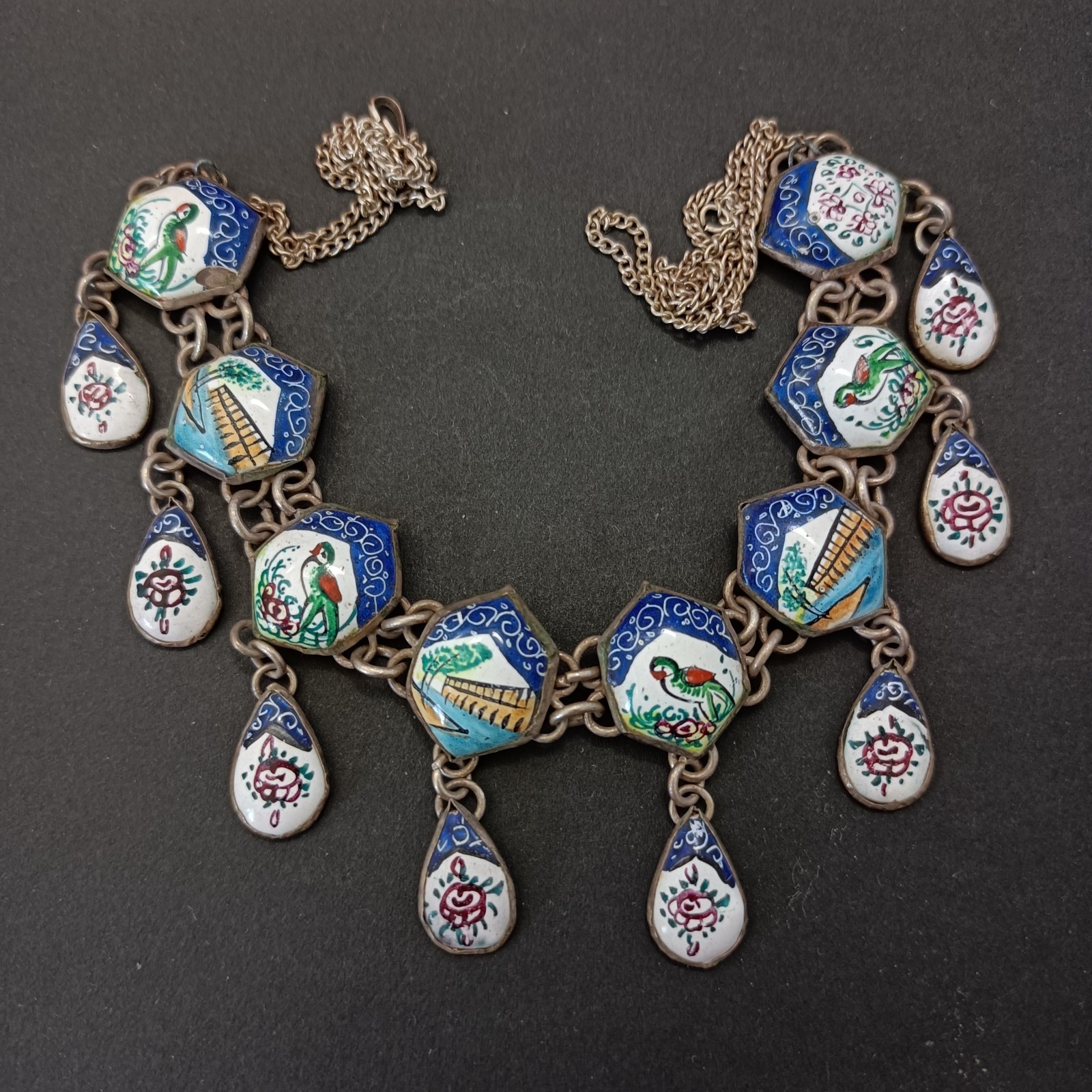 Boho Folk Art Middle Eastern Enamel Chandelier Necklace Blue Birds Landscape VTG