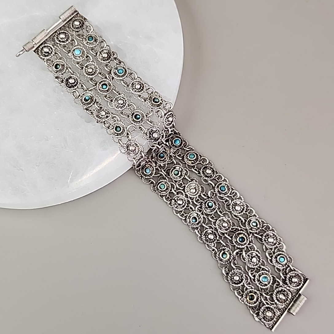 Vintage Cannetille Bracelet Blue Bead Silver Tone Chain Slide Clasp Filigree 6.5