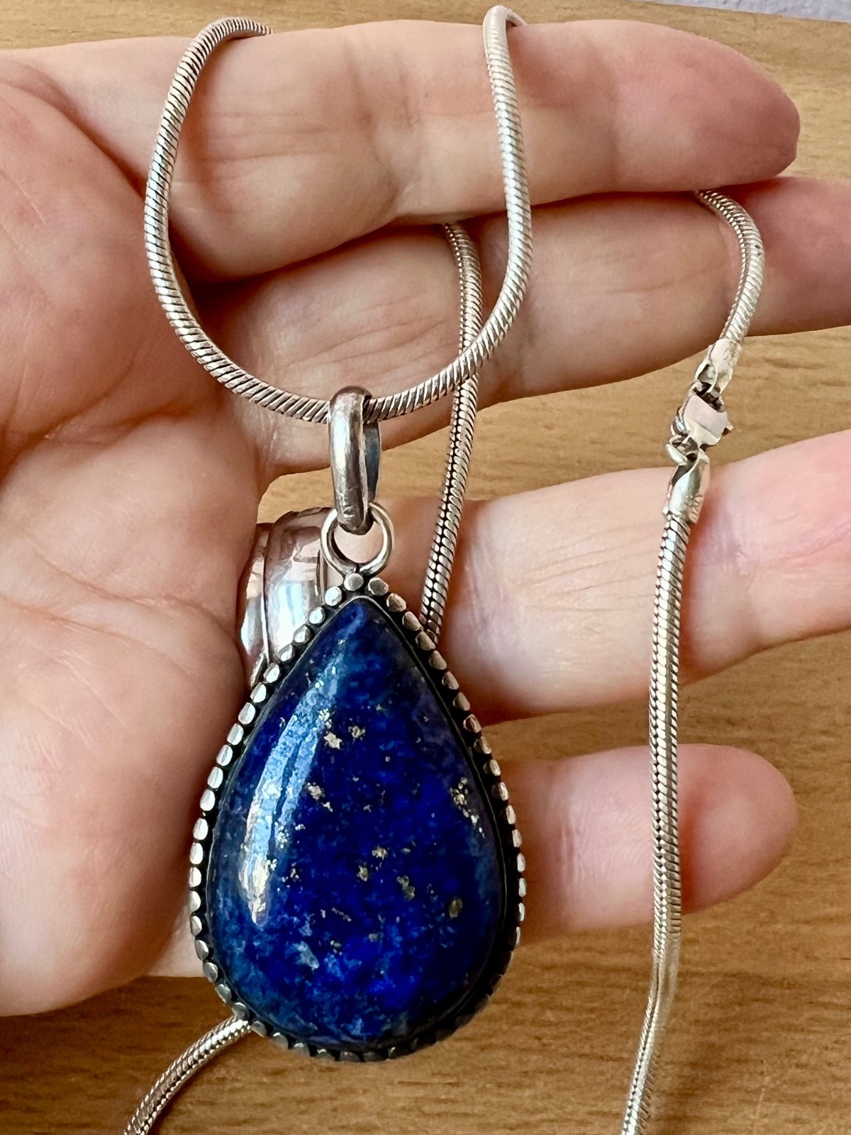 VINTAGE LARGE LAPIS LAZULI PENDANT THICK SNAKE CHAIN NECKLACE 925 STERLING SLVER