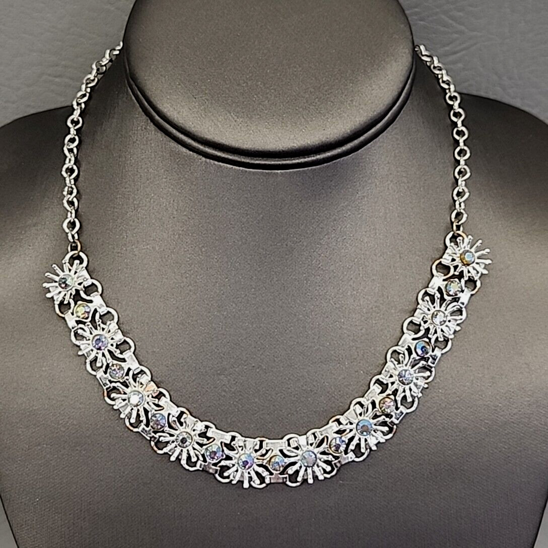 Vintage Rhinestone Necklace Flower Blue AB Glass Round Silver Tone 17.5 in