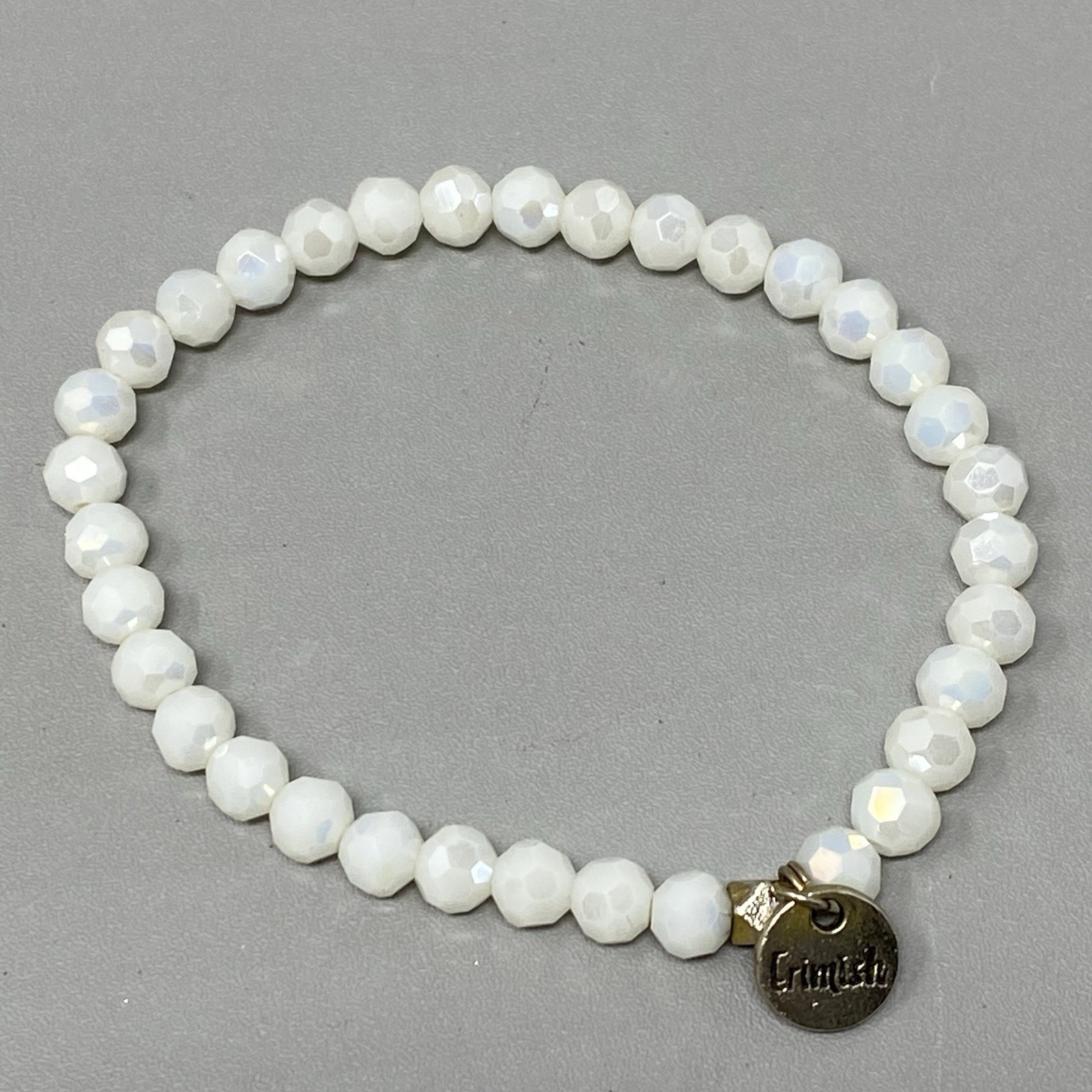 Erimish Bracelet White Faceted Fire Polished Glass Beads Stretch Designer 7″