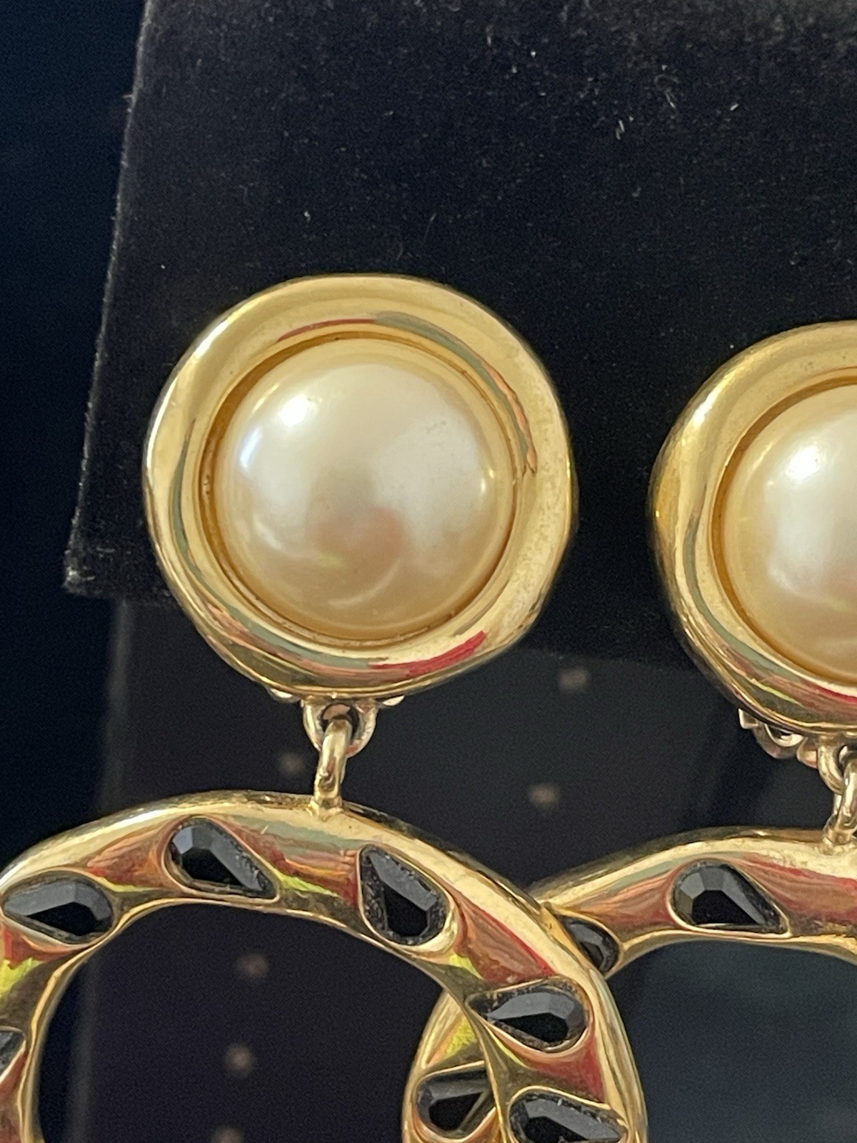 Givenchy Vintage Hoops Earrings Gold Pearl Drop Dangle Black ‘Onyx” Clip Ons