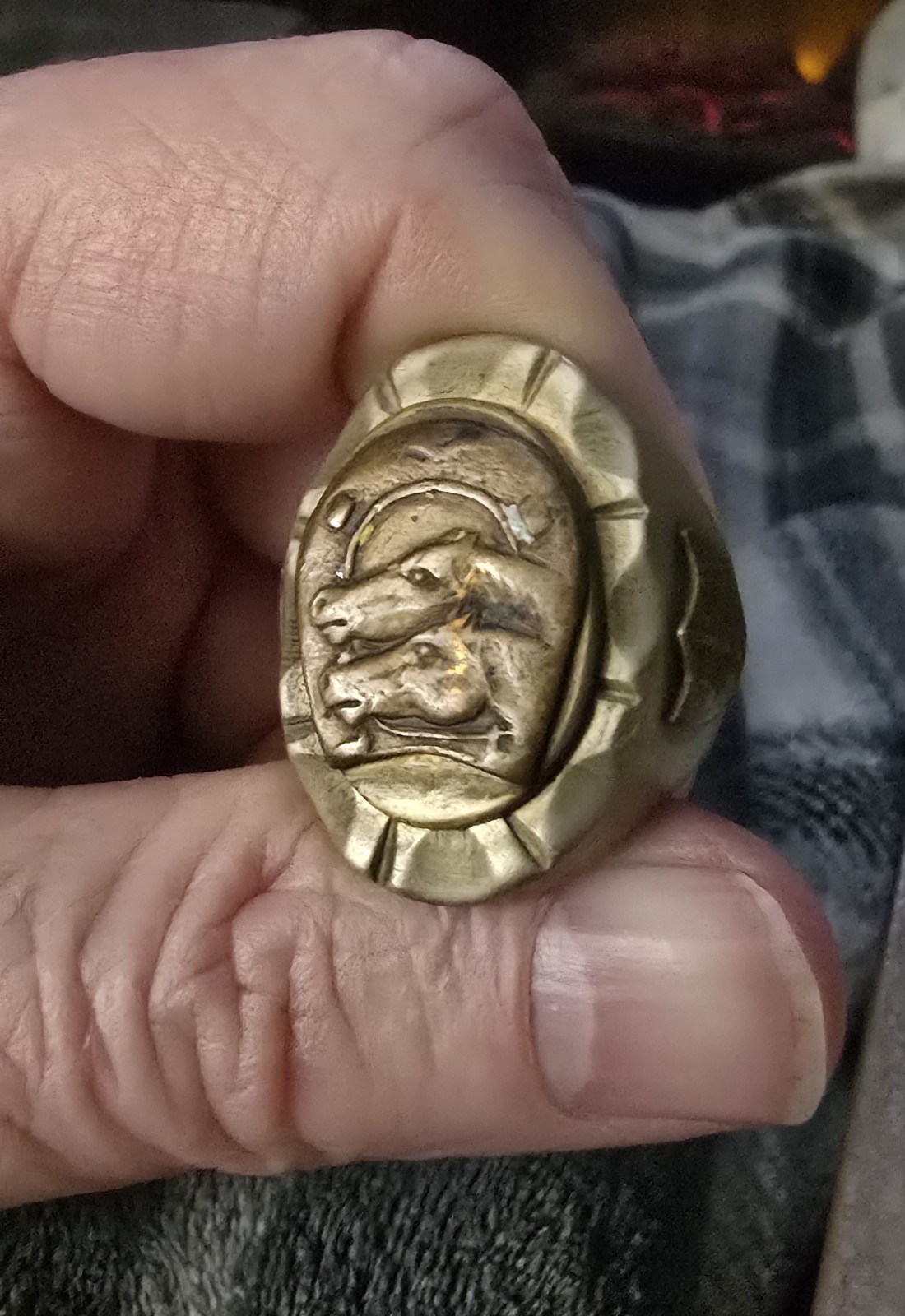 Very Rare 1940s Mexican Biker Ring Mixed Metals Brass Horses enamel sz 9, 35g