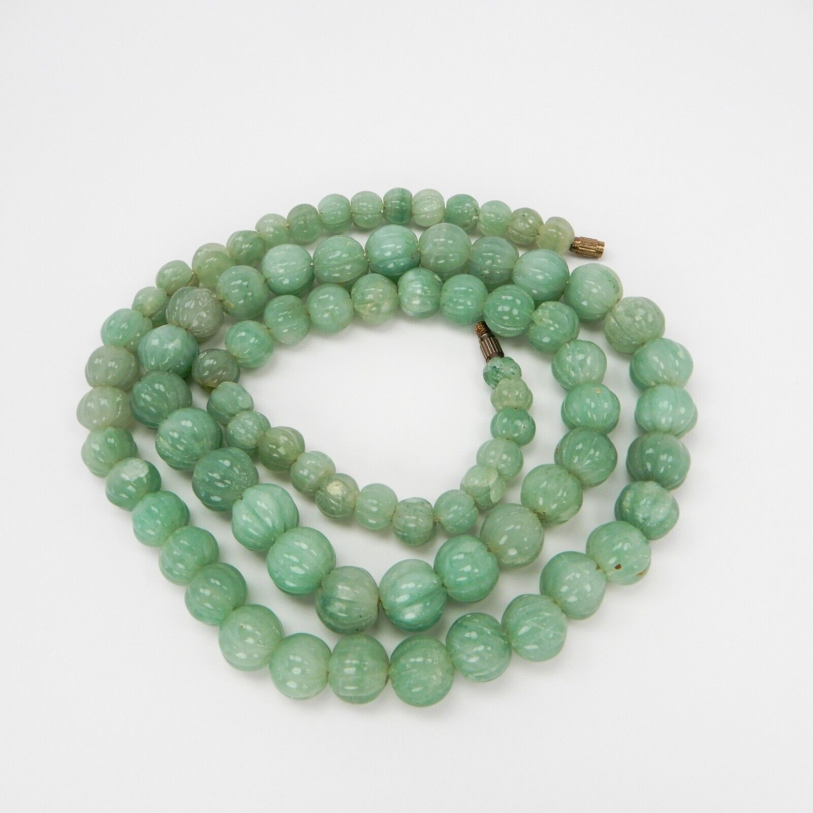 Carved Green Jade Graduated 12mm Pumpkin Bead Necklace 30” Barrel Clasp 124 gr