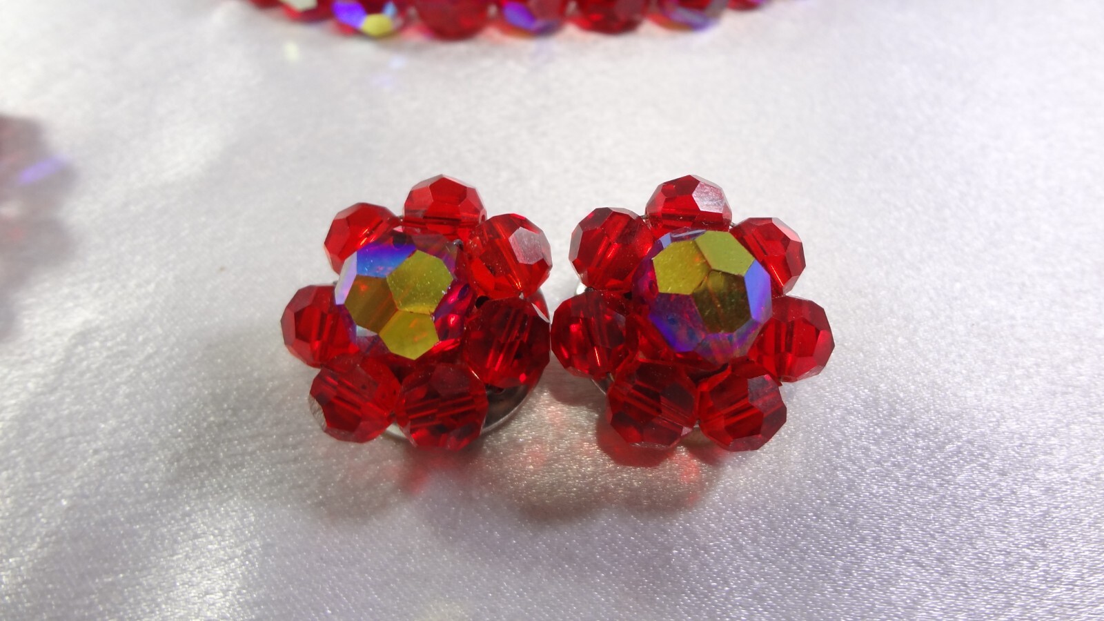 Vtg C: Late 1950’s AB Red Faceted Glass 2 Strand Necklace Bracelet Earrings Set!