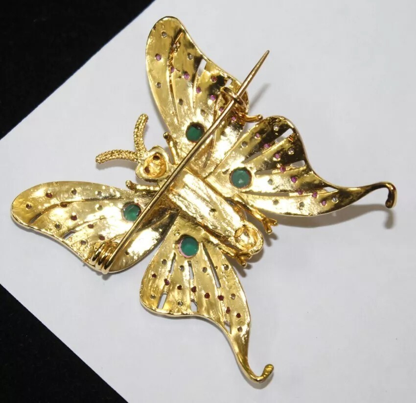 2.40ct Rose Cut Diamond Ruby Emerald Pearl 925 Silver Butterfly Brooch Pin