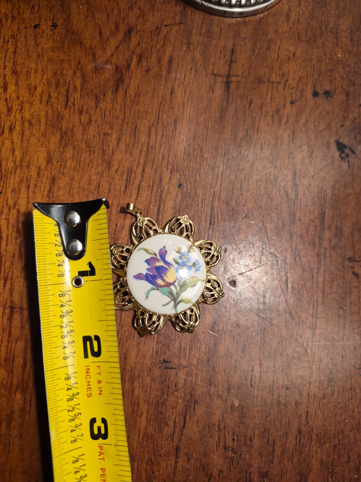 Vintage floral pendant, purple and blue flowers
