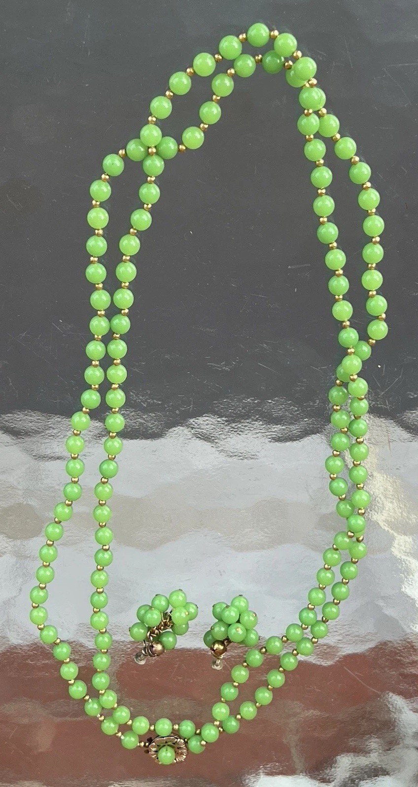 MCM Lime Green & Gold Bead Necklace with Matching Clip On Earrings Vintage Set