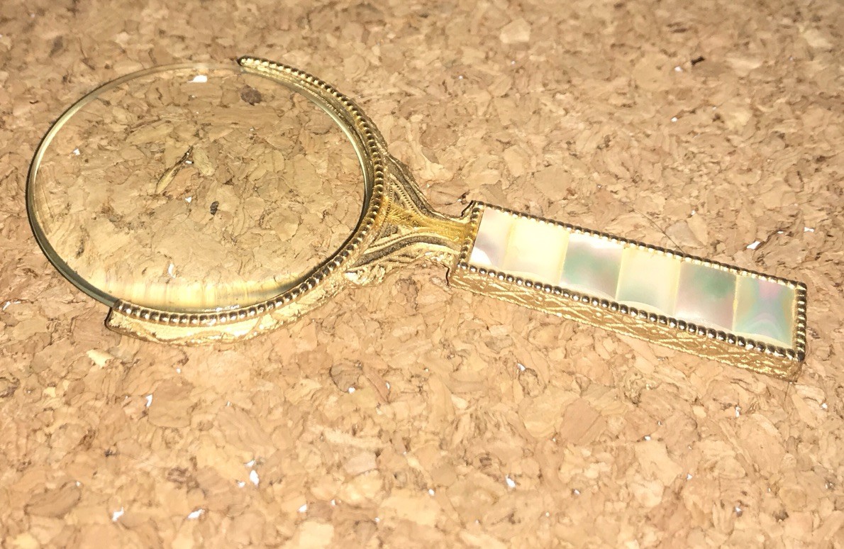 Beautiful Art Deco Ornate Gold Mother of Pearl Magnifying Glass Circa 1920’s 4”