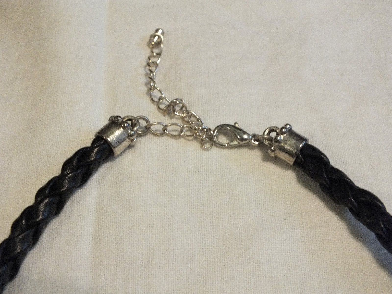 Beautiful Necklace Silver Tone Black Cord Clear Beads Black Off White Enamel