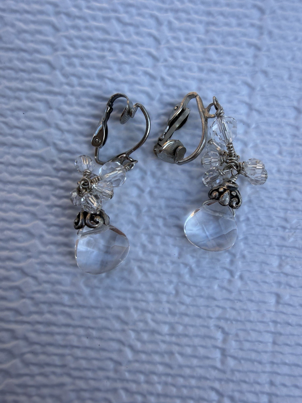Handmade Crystal Cluster Clip On Earrings Faceted Teardrop Silver Tone