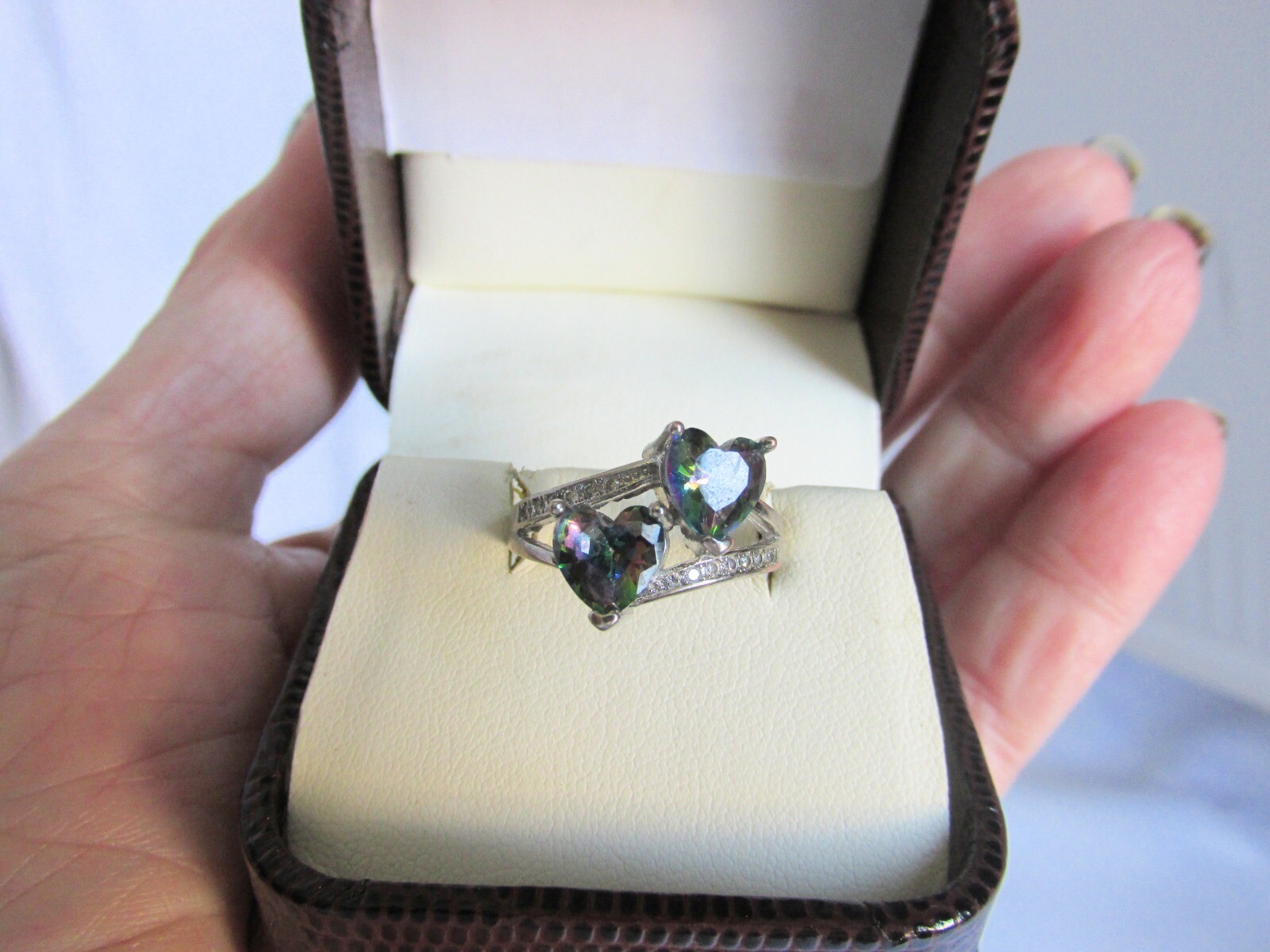 Vintage 925 Sterling Silver Mystic Topaz Double Hearts Ring Signed Sz 6