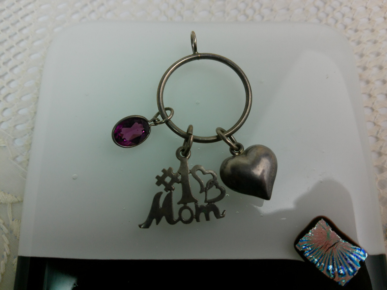Vtg Sterling Silver #1 Mom Puff Heart Pink Glass Stone Charms Round Holder Lot