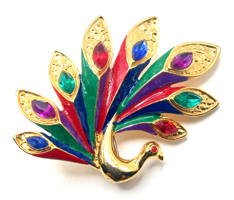 Vtg Gold Tone Blue Red Green Purple Enamel and Rhinestone Lovely Peacock Brooch