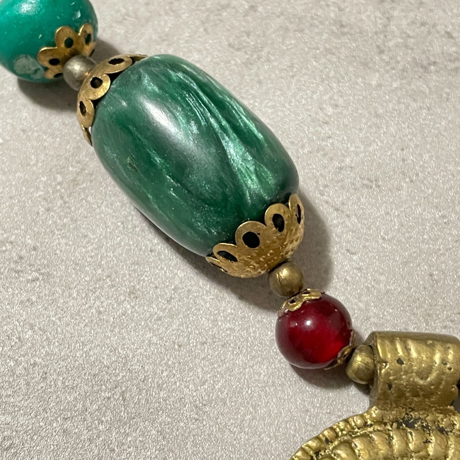 Vintage Ethnic Boho Brass Medallion Green Red Beaded Statement Necklace 10″ Drop