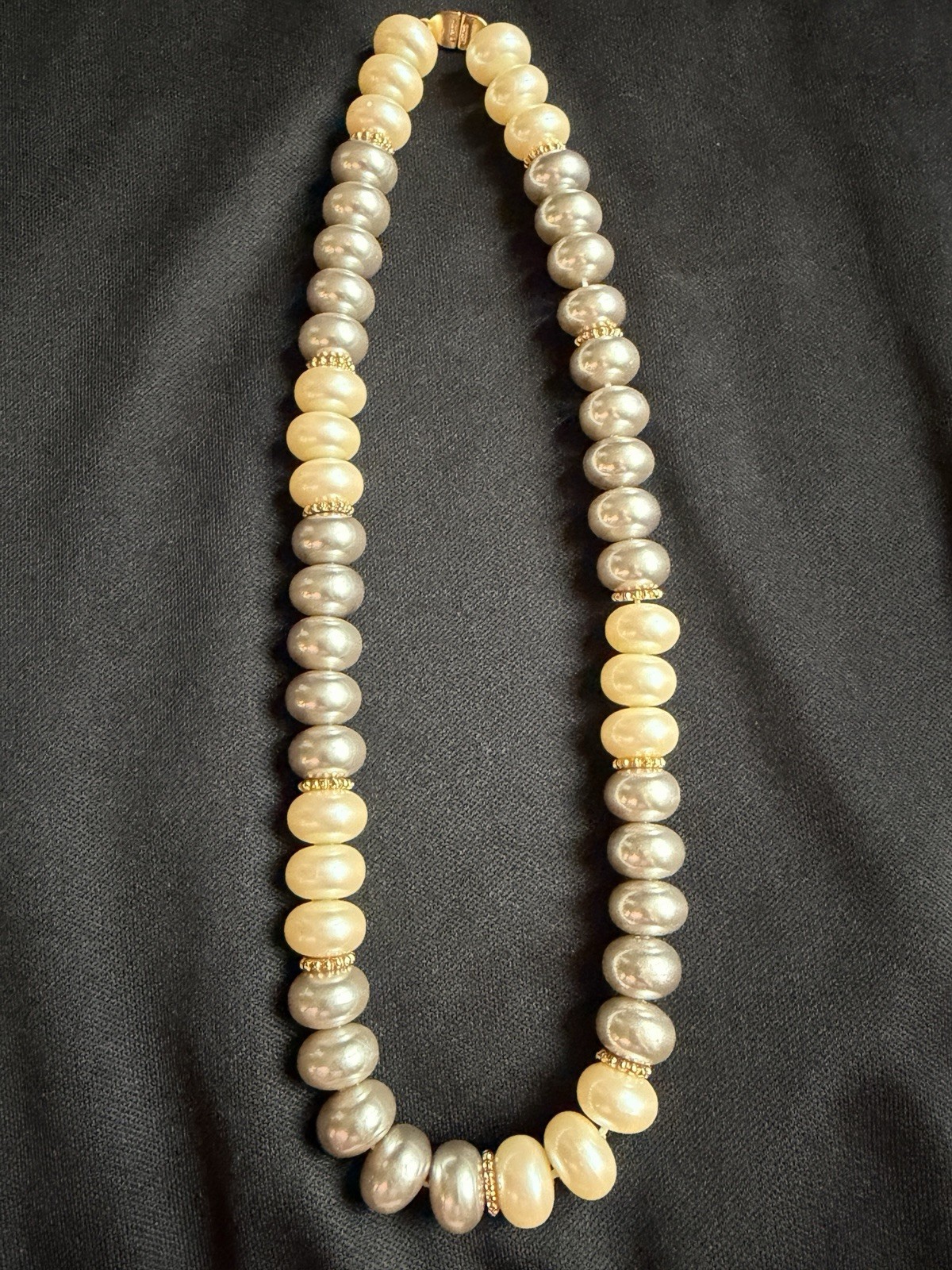 Monet Signed Vintage Faux Pearl Necklace Oval Baroque Gold Spacers 16.5 in