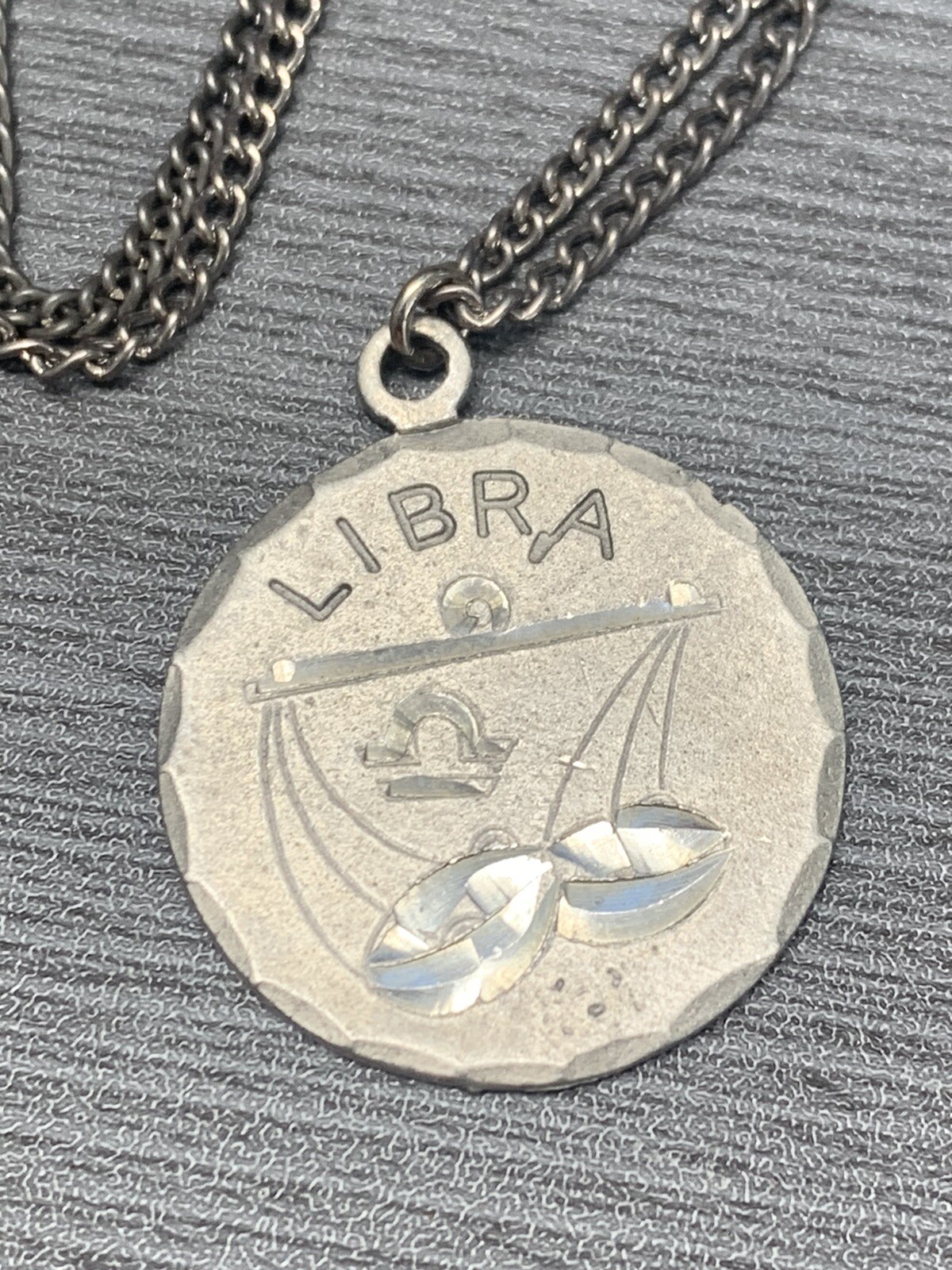 Vintage Pewter BDA Zodiac astrology Libra Horoscope Pendant Necklace 18”