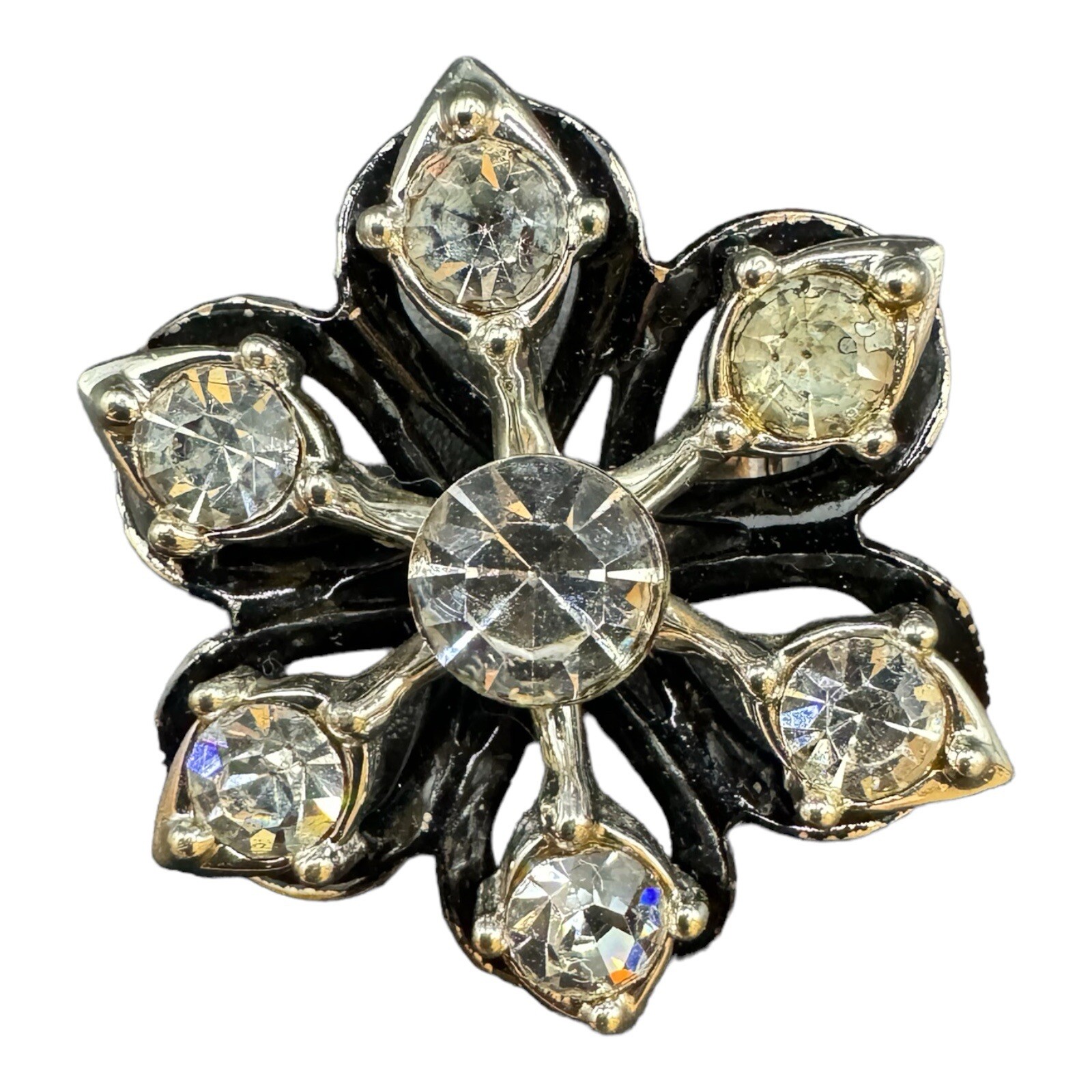 Vintage Silver Tone Round Clear Rhinestone With Black Background Brooch